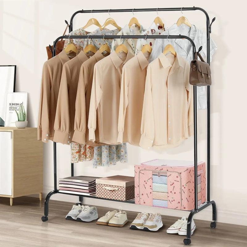Metal Clothes Hanger With 4 Side Hooks and Lower Storage Shelf for Bedroom Home Office Indoor