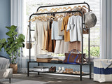 Metal Clothes Hanger With 4 Side Hooks and 2-Tier Lower Storage Shelf for Bedroom Home Office Indoor