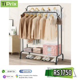 Metal Clothes Hanger With 4 Side Hooks and 2-Tier Lower Storage Shelf for Bedroom Home Office Indoor