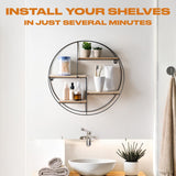 Round Shelf for Wall, Mounted Shelves for Living Room Home Office Bedroom Modern Circular Decorative Display Wall Shelves Easy Installation Metal Frame - Black, 50 x 50 x 10cm