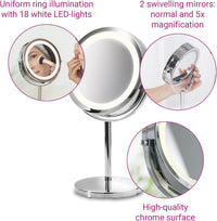 Round Cosmetic Mirror - Table Mirror With Led Lighting And 5X Magnification - Make-Up Mirror With 360° Swivel Function