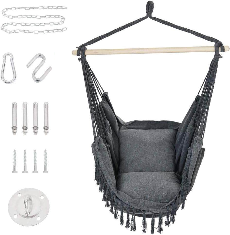 Large Macrame Hanging Chair with Pocket with 2 Cushions