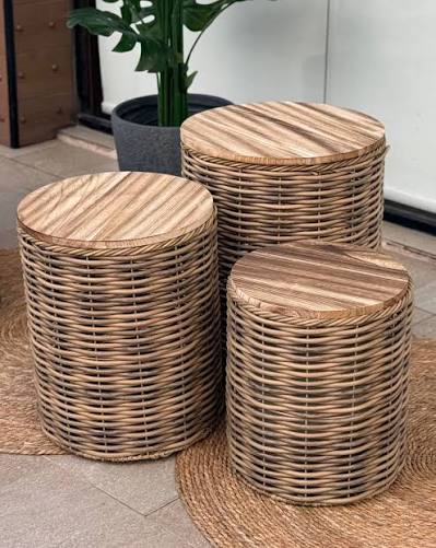 Set of 3 BASKETS WITH THICK WOODEN LID