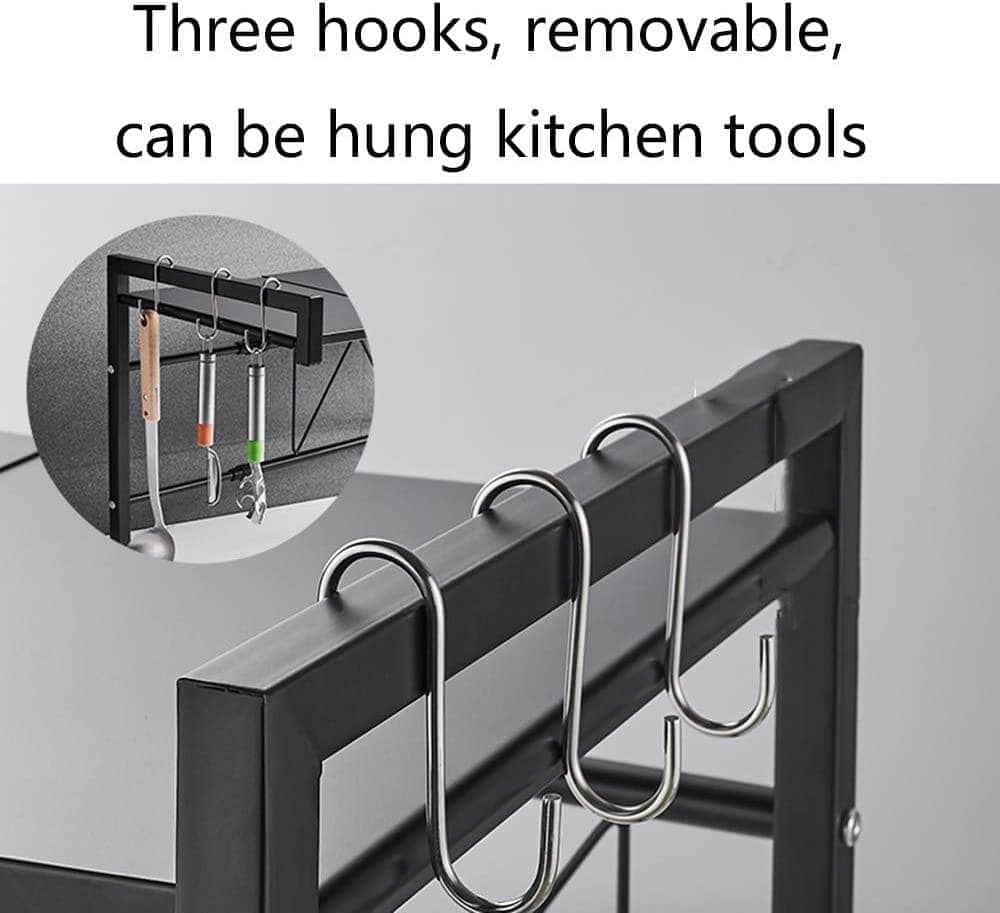 Microwave Oven Rack (Color : Black, Size : 43-60x36x32cm) with 3 hooks