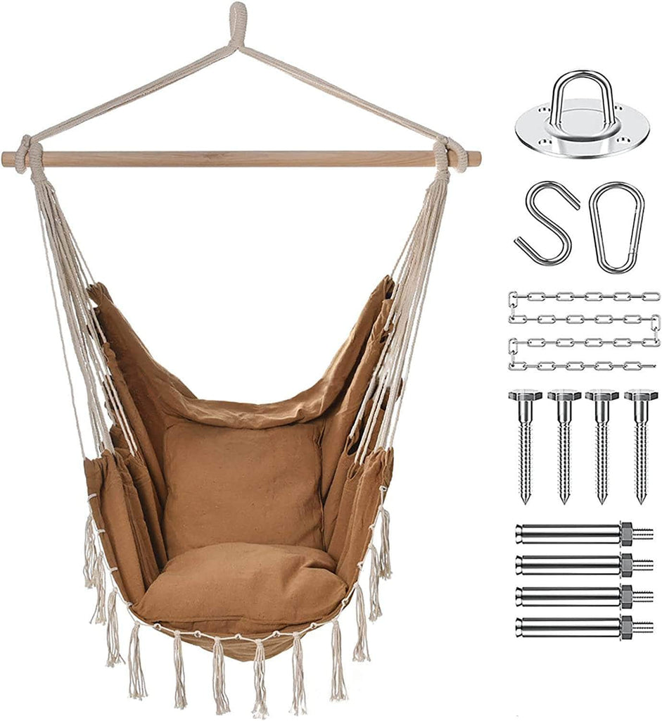 Large Macrame Hanging Chair with Pocket with 2 Cushions