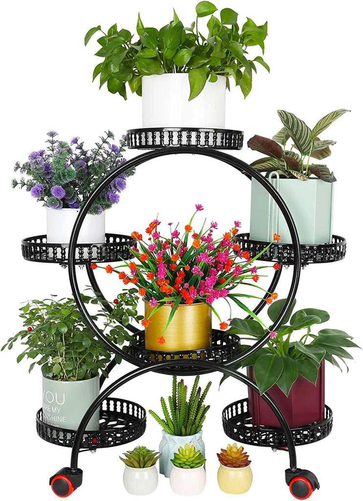 Metal Plant Stand, Indoor Flower Pot Stand with Wheels, 4 Tier 6 Flower Potted Holders