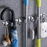 Broom Mop Holder Wall Mount Installation Organizer Stainless Steel 5 Racks Hooks Space Saving Hanger