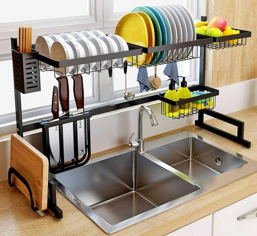 1pc Scalable Stainless Steel Sink Drying Rack, Minimalist Grey