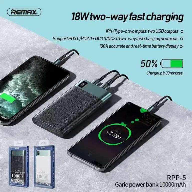 REMAX Garie Series RPP-5 10000mAh 18w 2 Ways QC + PD Fast Charge Digital Display Dual USB & Type C Output Powerbank
